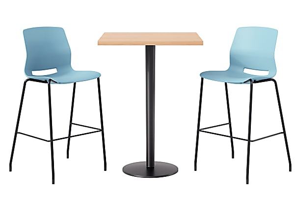 KFI Studios Proof Bistro Square Pedestal Table With Imme Bar Stools, Includes 2 Stools, 43-1/2”H x 30”W x 30”D, Maple Top/Black Base/Sky Blue Chairs