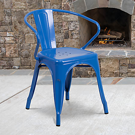 Flash Furniture Commercial Grade Metal Indoor-Outdoor Chair With Arms, Blue