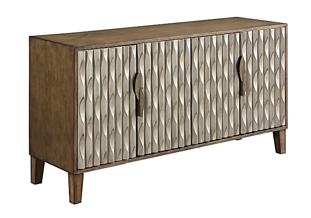 Coast to Coast Perry 4-Door Buffet Sideboard Credenza With Fluted Textural Design, 32"H x 58"W x 17"D, Fossil Brown & Metallic