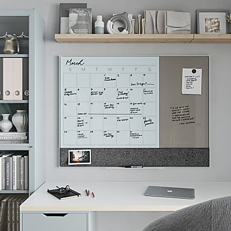 3N1 Magnetic Glass Dry Erase Combo Board, 47 x 35, Month View, Gray/White Surface, White Aluminum Frame