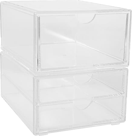 Martha Stewart Brody Stackable Plastic Office Desktop Organizer Boxes, 3-1/2"H x 6"W x 7-1/2"D, Clear, Set Of 2 Boxes