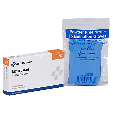 First Aid Only™ Disposable Nitrile Exam Gloves, Large, Blue, Pack Of 4