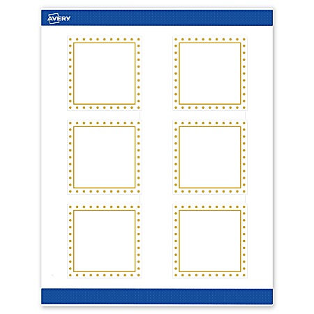 Avery® Print-To-The-Edge Labels With Sure Feed® Technology, S00-DHZ-PRWMP10, Square, 3" x 3", Matte White, Preprinted Gold Border with Gold Dots Design, Pack Of 60