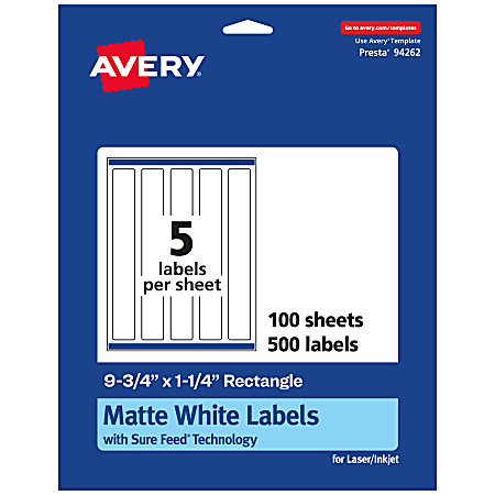 Avery® Permanent Labels With Sure Feed®, 94262-WMP100, Rectangle, 9-3/4" x 1-1/4", White, Pack Of 500