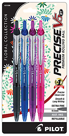 Pilot Precise V5 RT Floral Pens, Extra Fine Point, 0.5mm, Assorted Inks, Pack of 4 Pens
