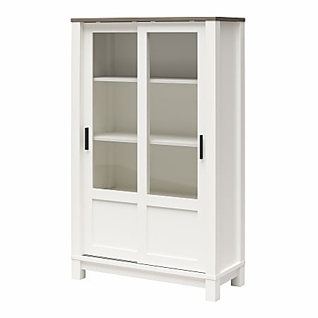 Ameriwood Home Chapel Hill Rustic Farmhouse 52"H 4-Shelf Bookcase Cabinet With Sliding Glass Doors, White/Brown Oak
