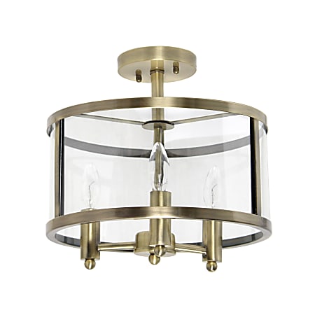 Lalia Home 3LT Glass And Metallic Accented Semi-Flushmount Lamp, 13"W, Clear Shade/Antique Brass Base