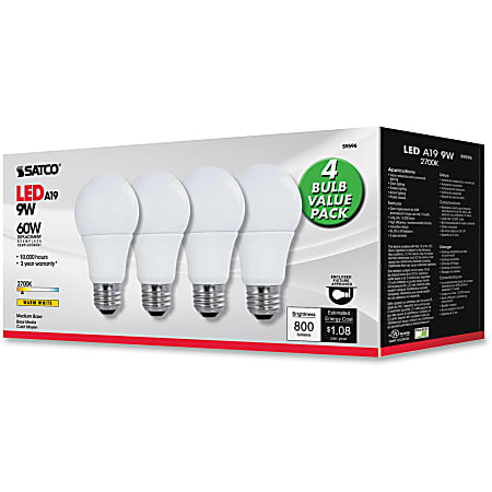 Satco 9A19/LED/2700K/120V/4PK - 9 W - 60 W Incandescent Equivalent Wattage - 120 V AC - 800 lm - A19 Size - Frosted - Soft White Light Color - E26 Base - 10000 Hour - 4400.3°F (2426.8°C) Color Temperature - 80 CRI - 200° Beam Angle - 4 / Pack