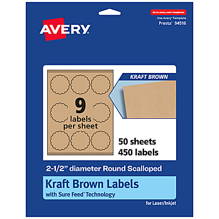Avery® Kraft Permanent Labels With Sure Feed®, 94516-KMP50, Round Scalloped, 2-1/2" Diameter, Brown, Pack Of 450