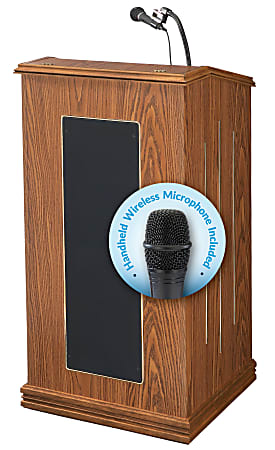 Oklahoma Sound Prestige Wireless-Ready Lectern, With Handheld Wireless Microphone, Medium Oak