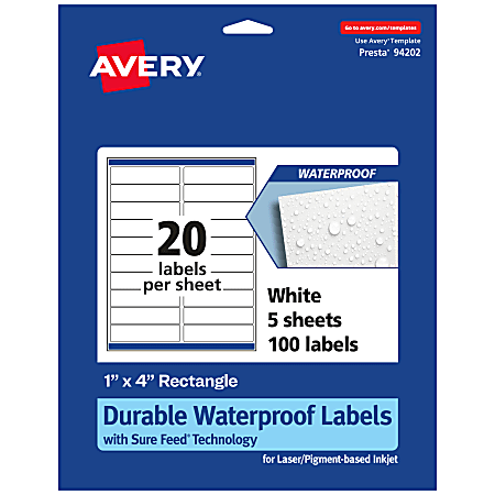 Avery® Waterproof Permanent Labels With Sure Feed®, 94202-WMF5, Rectangle, 1" x 4", White, Pack Of 100