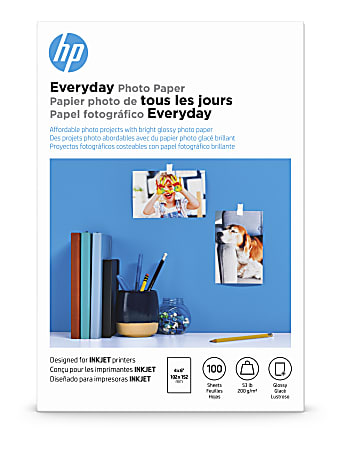 HP Everyday Photo Paper for Inkjet Printers, Glossy, 4" x 6", 53 Lb, Pack Of 100 Sheets (CR759A)