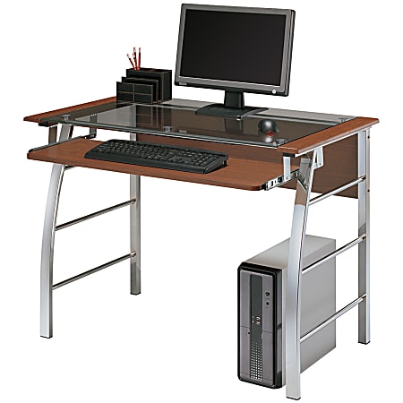 Realspace® Mezza Straight Desk, Clear Glass Top, Cherry/Chrome