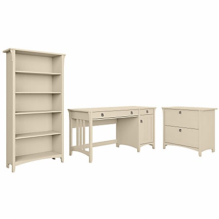 Bush® Furniture Salinas 60"W Computer Desk With Bookcase And Lateral File Cabinet, Antique White, Standard Delivery