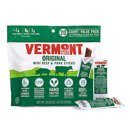 Vermont Smoke & Cure Original Flavor Mini Snack Sticks, 0.5 Oz, Pack Of 20 Sticks