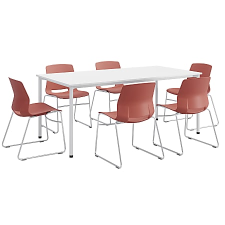KFI Studios Dailey Table Set With 6 Sled Chairs, White Table/Coral Chairs