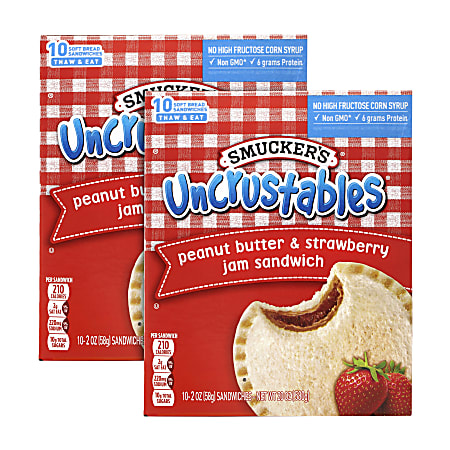 Smucker's Uncrustables Peanut Butter & Strawberry Sandwiches, 2 Oz, 10 Sandwiches Per Box, Pack Of 2 Boxes