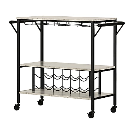 South Shore Maliza Bar Cart With Wine Bottle Storage And Wine Glass Rack, 32-3/4” x 37-1/2”, Faux Carrara Marble