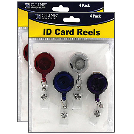 C-Line Retracting ID Card Reels, 30", Assorted Colors, 4 Reels Per Pack, Case Of 2 Packs