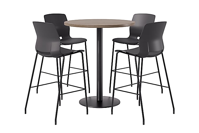 KFI Studios Proof Bistro Round Pedestal Table With Imme Barstools, 4 Barstools, 42", Studio Teak/Black/Black Stools