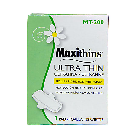 Hospeco Maxithins Ultra Thin Maxi Pads With Wings, Pack Of 200 Pads