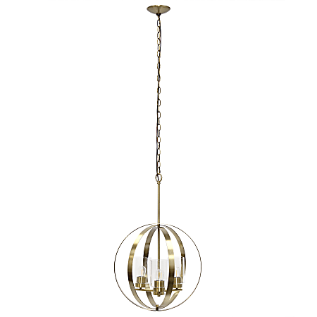 Lalia Home 3-Light Hanging Metal Globe And Clear Glass Ceiling Pendant, 18"W, Antique Brass