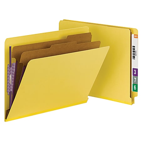 Smead® End-Tab Classification Folders, With SafeSHIELD® Fasteners, 8 1/2" x 11", 2 Divider, Yellow, Pack Of 10