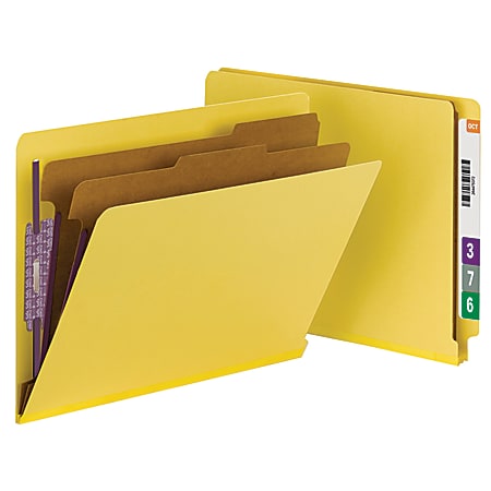 Smead® End-Tab Classification Folders, With SafeSHIELD® Fasteners, 8 1/2" x 11", 2 Divider, 100% Recycled, Yellow, Pack Of 10