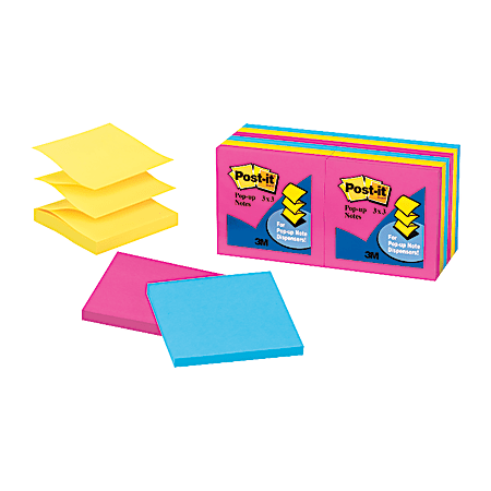 Post-it® Pop-Up Notes, 3" x 3", Electric Glow Collection, 100 Sheets Per Pad, Pack Of 12 Pads