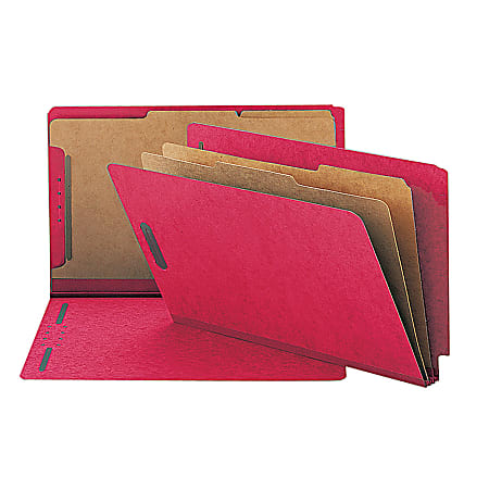 Smead® End-Tab Classification Folders, 8 1/2" x 14", 2 Divider, 2 Partition, 50% Recycled, Bright Red, Pack Of 10