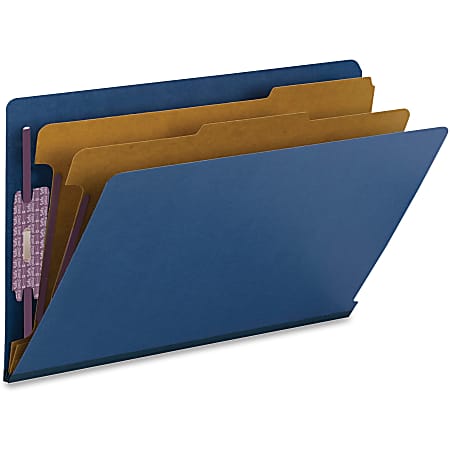Smead® End-Tab Classification Folders, 2" Expansion, 2 Dividers, 8 1/2" x 14", Legal, 50% Recycled, Dark Blue, Box of 10