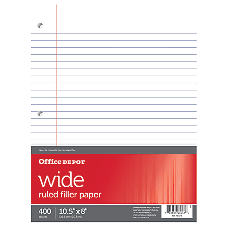 Office Depot® Brand Ruled Filler Paper, 3-Hole Punched, 15-Lb, Wide Ruled, 10 1/2" x 8", White, Ream Of 400 Sheets