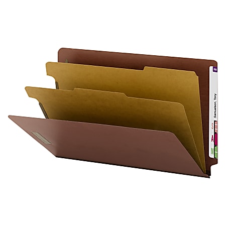 Smead® End Tab Pressboard Classification Folders With SafeSHIELD® Fasteners, 2 Dividers, Legal Size, 60% Recycled, Red, Box Of 10