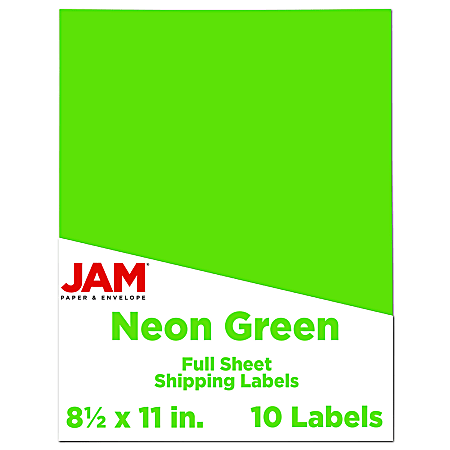 JAM Paper® Full-Page Mailing And Shipping Labels, Rectangle, 8 1/2" x 11", Neon Green, Pack Of 10