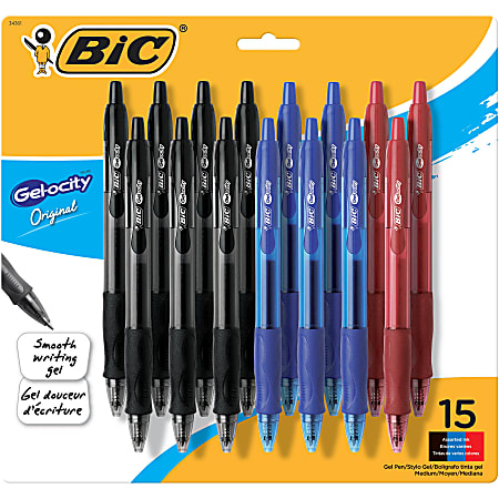 BIC® Gel-ocity™ Retractable Gel Pens, Medium Point, 0.7 mm, Assorted Colors, Pack Of 15