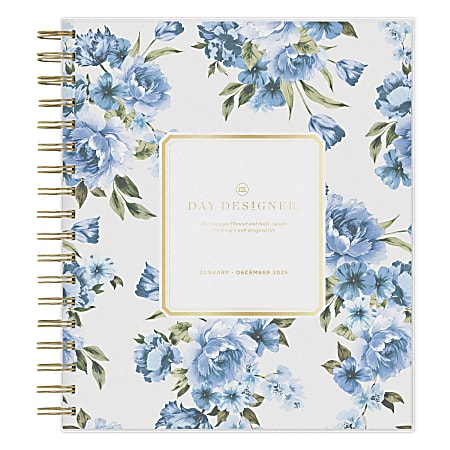 2025 Day Designer Daily/Monthly Planning Calendar, 8” x 10”, Blue Bouquet Frosted, January 2025 To December 2025