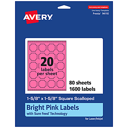 Avery® Print-To-The-Edge Labels With Sure Feed® Technology, 94110-BPP80, Square Scalloped, 1-5/8" x 1-5/8", Matte Bright Pink, Pack of 1600