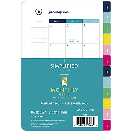 Simplified by Emily Ley for AT-A-GLANCE® Monthly Loose-Leaf Planner Refill, 5-1/2" x 8-1/2", January to December 2024, EL100-4211
