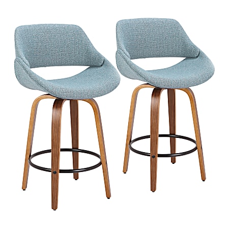 LumiSource Fabrico Mid-Century Modern Counter Stools, Walnut/Blue, Set Of 2 Stools