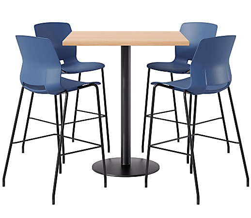 KFI Studios Proof Bistro Square Pedestal Table With Imme Bar Stools, Includes 4 Stools, 43-1/2”H x 36”W x 36”D, Maple Top/Black Base/Navy Chairs