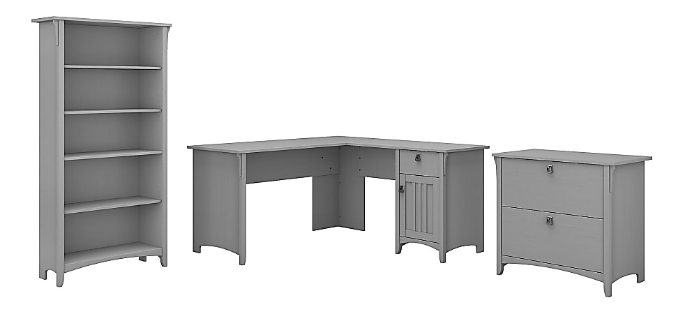 Bush Business Furniture Salinas 60"W L-Shaped Corner Desk With Lateral File Cabinet And 5 Shelf Bookcase, Cape Cod Gray, Standard Delivery