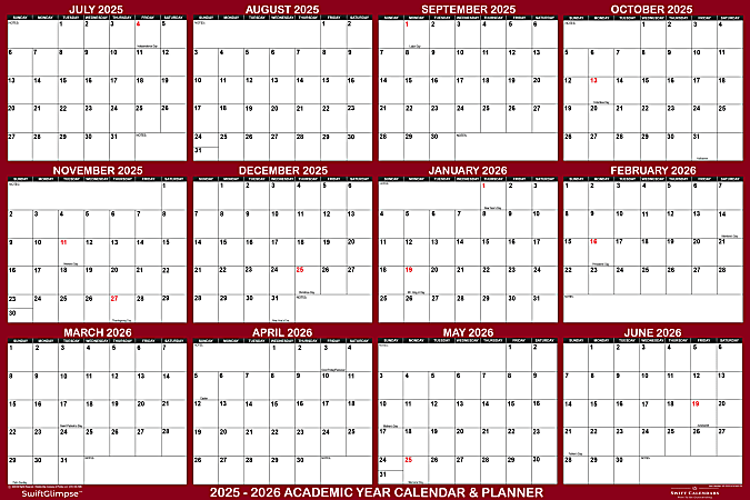 2025-2026 SwiftGlimpse Academic Erasable Monthly Wall Calendar, 48" x 72", White/Maroon, July 2025 To June 2026