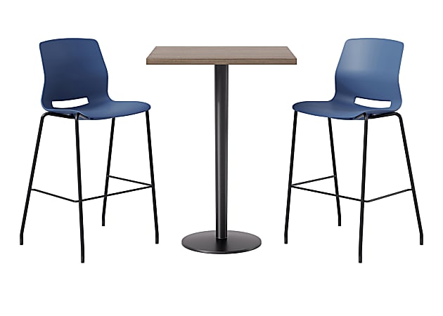 KFI Studios Proof Bistro Square Pedestal Table With Imme Bar Stools, Includes 2 Stools, 43-1/2”H x 30”W x 30”D, Studio Teak Top/Black Base/Navy Chairs
