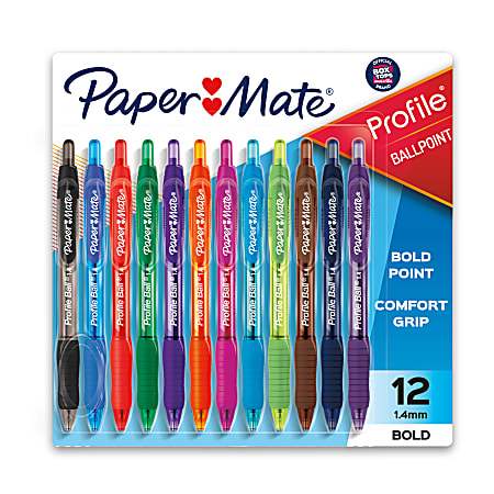 Paper Mate® Profile™ Retractable Ballpoint Pens, Bold Point, 1.4 mm, Assorted Barrels, Assorted Ink Colors, Pack Of 12