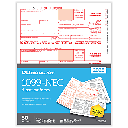 Office Depot® 1099-NEC Laser Tax Forms, 4-Part, 3-Up, 8-1/2" x 11", Pack Of 50 Form Sets