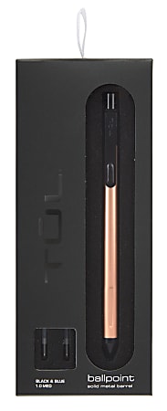 TUL® Fine Writing Solid Metal Barrel Retractable Ballpoint Pen With 2 Refills, Medium Point, 1.0 mm, Rose Gold Barrel, Black/Blue Ink