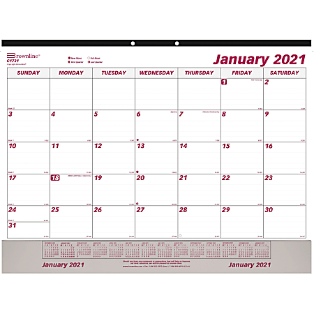 Brownline Vinyl Strip Monthly Desk Pad - Julian Dates - Daily, Monthly - 1 Year - January 2021 till December 2021 - 1 Month Single Page Layout - 22" x 17" Sheet Size - Desk Pad, Wall Mountable - White - Chipboard