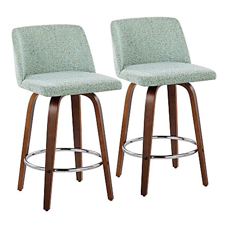 LumiSource Toriano Counter Stools, Light Green/Walnut/Chrome, Set Of 2 Stools