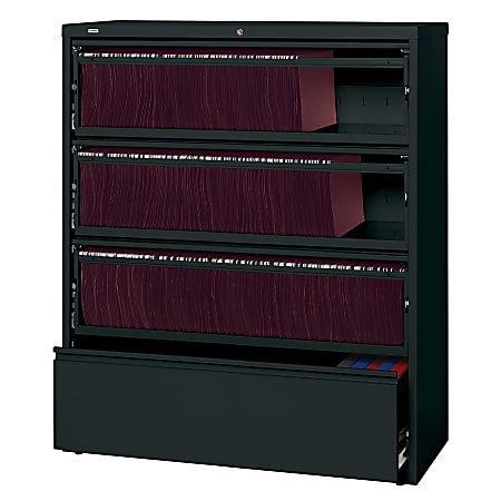 Lorell® Fortress 42"W Lateral 4-Drawer File Cabinet With Roll-Out Shelves, Metal, Black