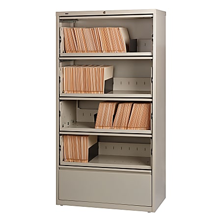 Lorell® Fortress 36"W x 18-5/8"D Lateral 5-Drawer File Cabinet With Roll-Out Shelves, Putty